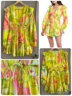 HEMANT & NANDITA Neon Yellow Floral Ruffle Mini Dress